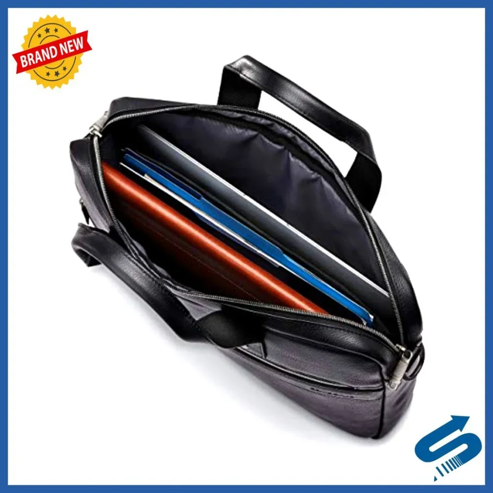 Leather Slim Briefcase with Padded Laptop Compartment and Detachable Strap